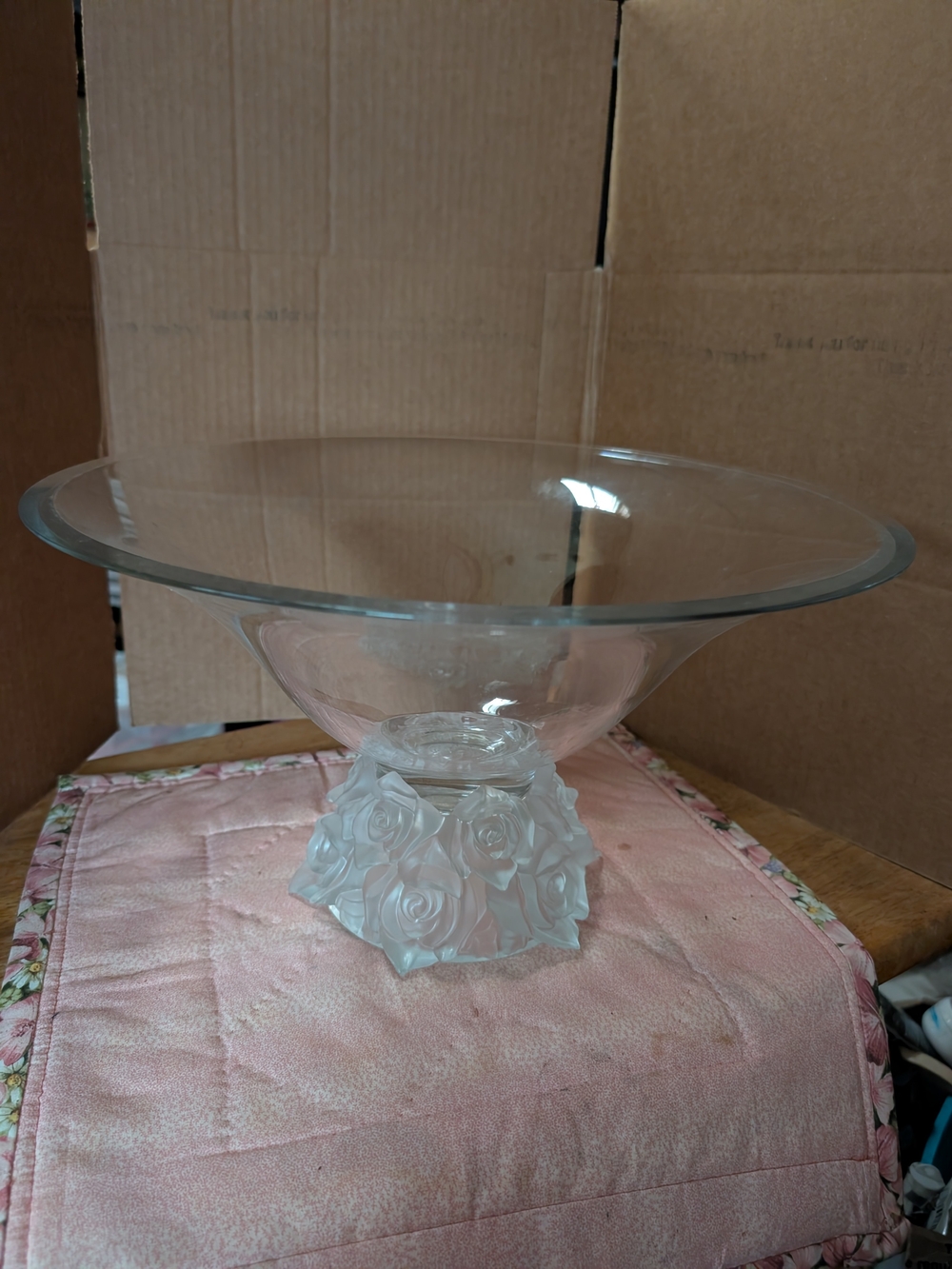 Glass Pedestal Serving Bowl with Frosted Rose Base - Clear